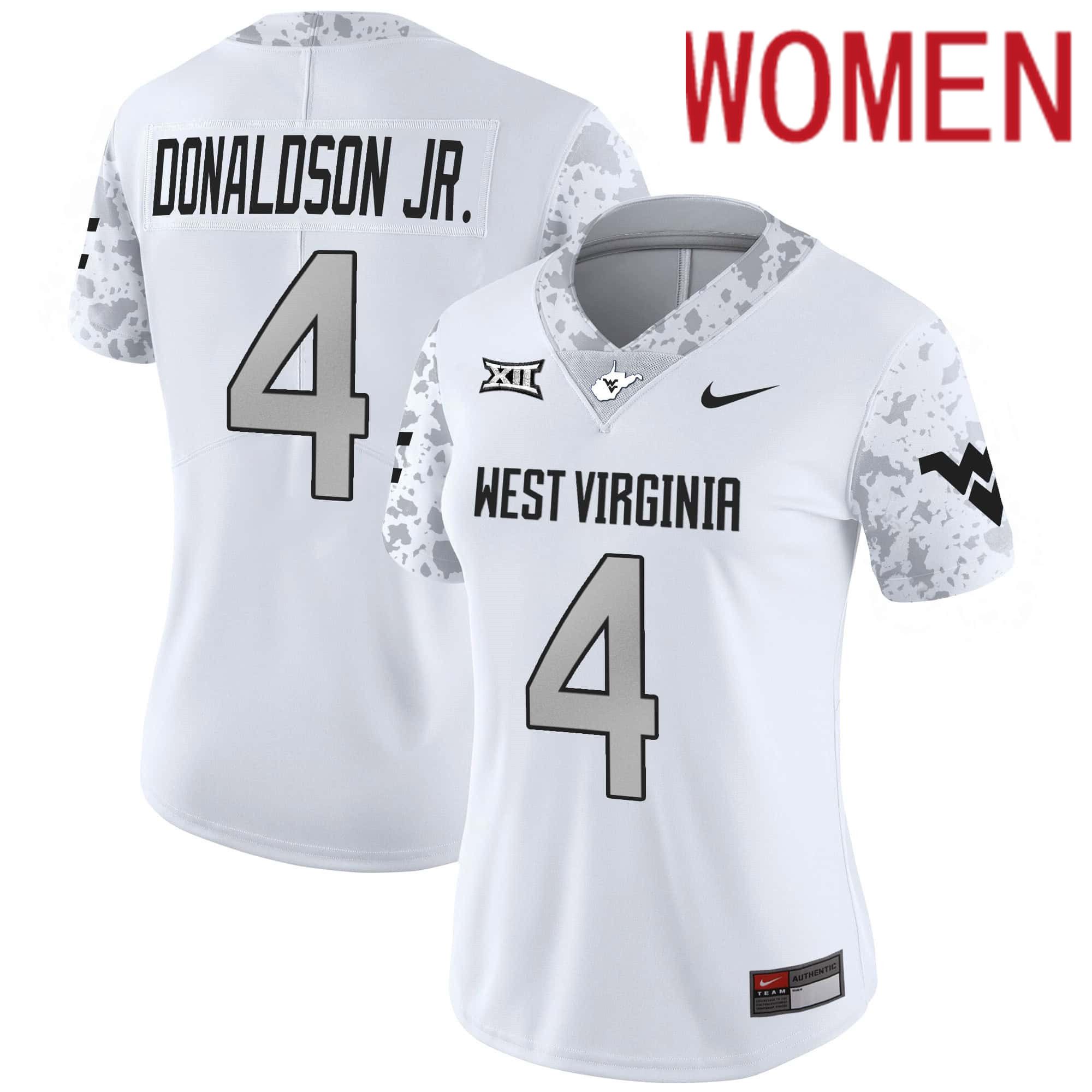 Women West Virginia Mountaineers #4 Donaldson jr White 2024 Nike Vapor Limited NCAA Jersey->women nfl jersey->Women Jersey